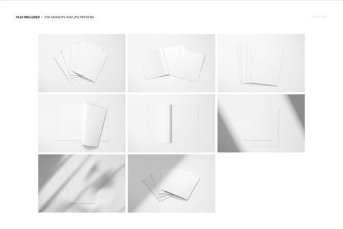 A4 magazine mockup set showing eight different blank magazine layouts on a white background from various angles.
