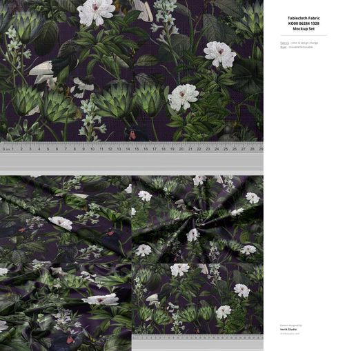 Fabric mockup featuring a dark background with green leaves and white flowers, shown from a top view with a ruler for scale.