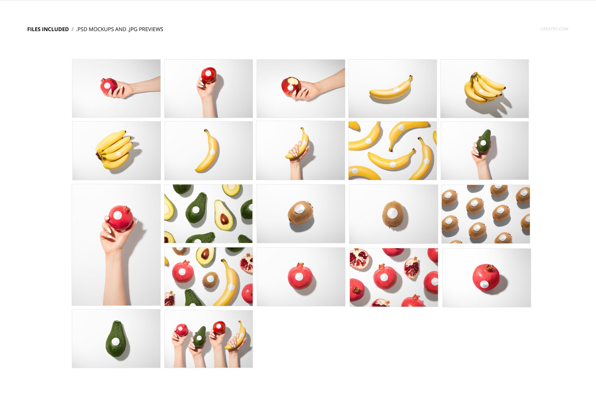 Assorted round stickers placed on bananas, avocados, tomatoes, and kiwis, with hands holding some fruits in a mockup set.