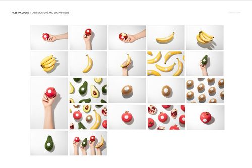 Assorted round stickers placed on bananas, avocados, tomatoes, and kiwis, with hands holding some fruits in a mockup set.