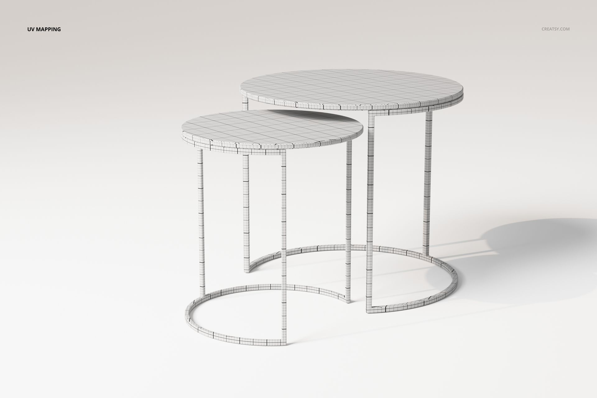 Two round nesting coffee tables with wireframe texture, shown from a front angle on a plain light background.