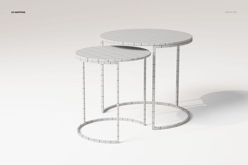 Two round nesting coffee tables with wireframe texture, shown from a front angle on a plain light background.