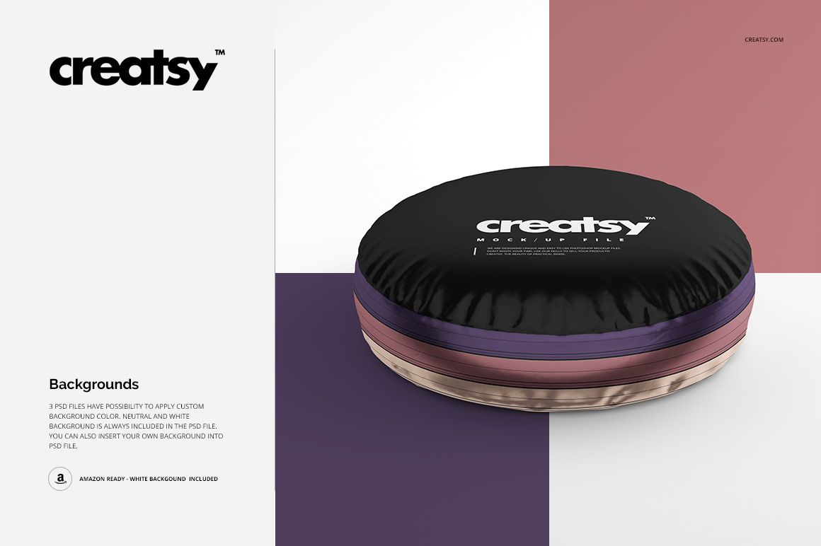 Round shiny fabric pillow mockup featuring a black top and multicolored sides, displayed on a geometric background.