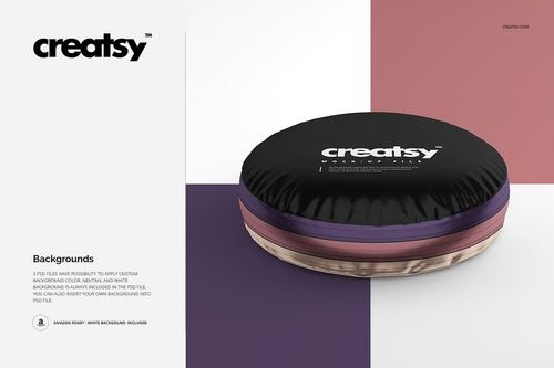 Round shiny fabric pillow mockup featuring a black top and multicolored sides, displayed on a geometric background.