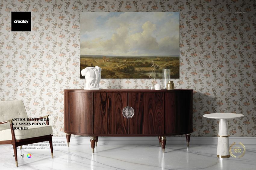 Front view of a canvas print mockup in an antique-style interior, featuring a landscape artwork above a wooden sideboard.