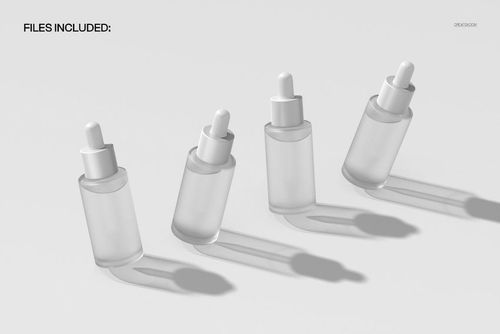 Set of four transparent serum bottles with droppers arranged diagonally, illuminated by sunlight, PSD mockup.