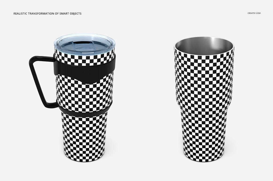 Stainless steel tumbler mockup set showing matte and glossy finishes with checkered design, displayed side by side.