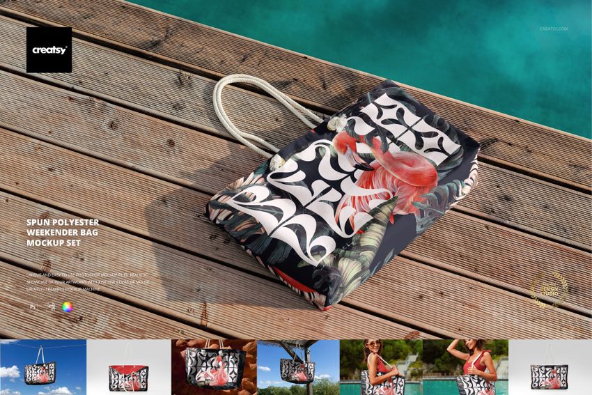 Spun polyester weekender bag mockup featuring abstract design and rope handles placed on a sunlit wooden deck.