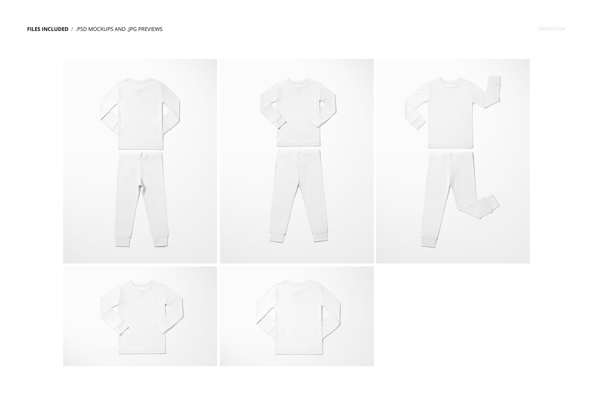 Front and top views of a two piece toddler pajama mockup set in plain white, displayed on a clean background.