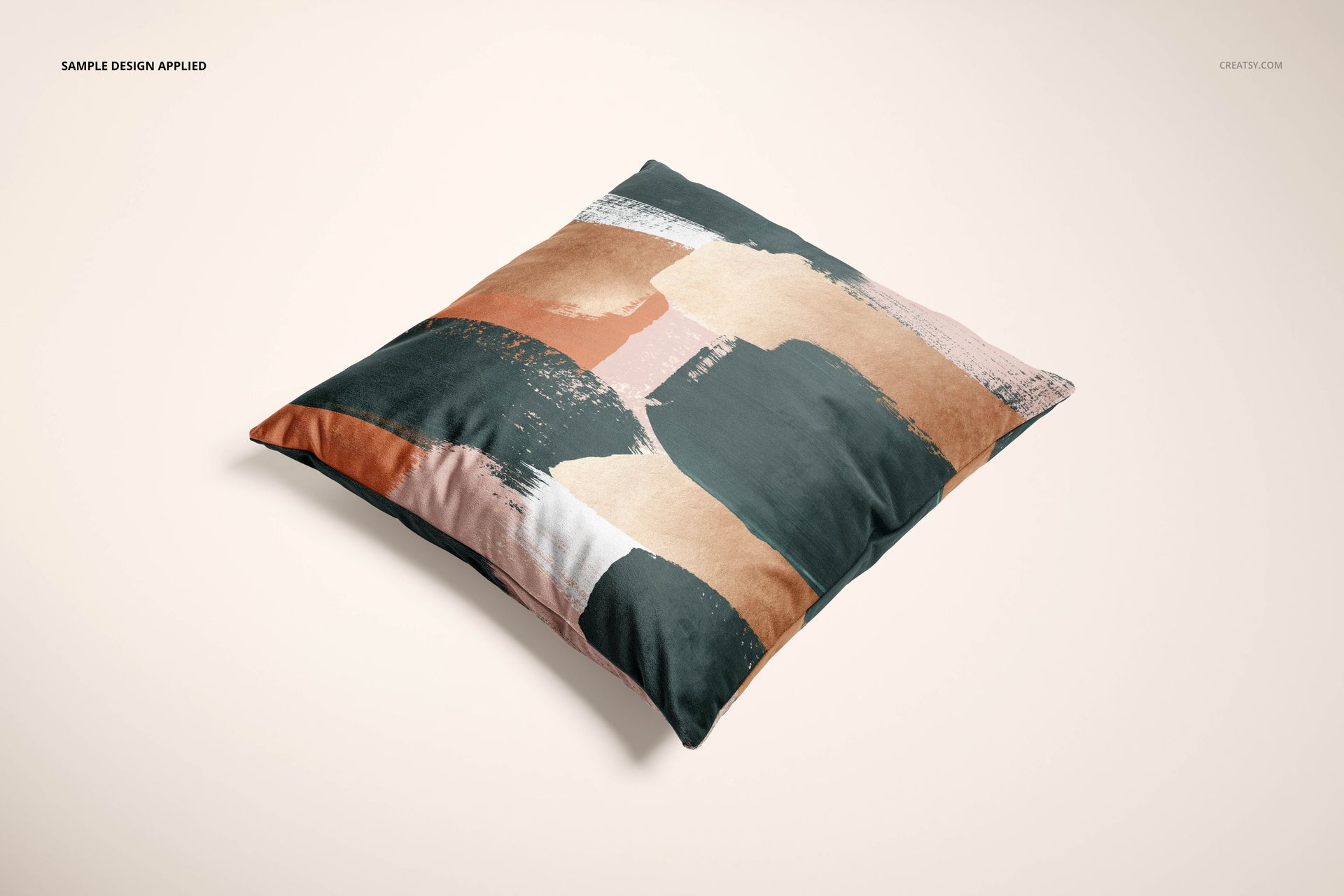 Velvet pillow mockup featuring a square cushion with multicolor abstract design, displayed on a neutral surface.
