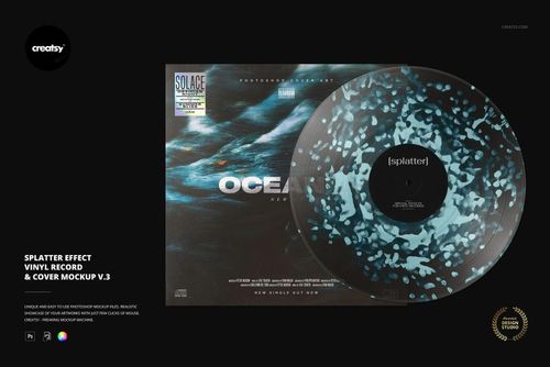 PSD mockup showing a round vinyl record with splatter effect and a cover featuring water-themed graphics on a dark background.