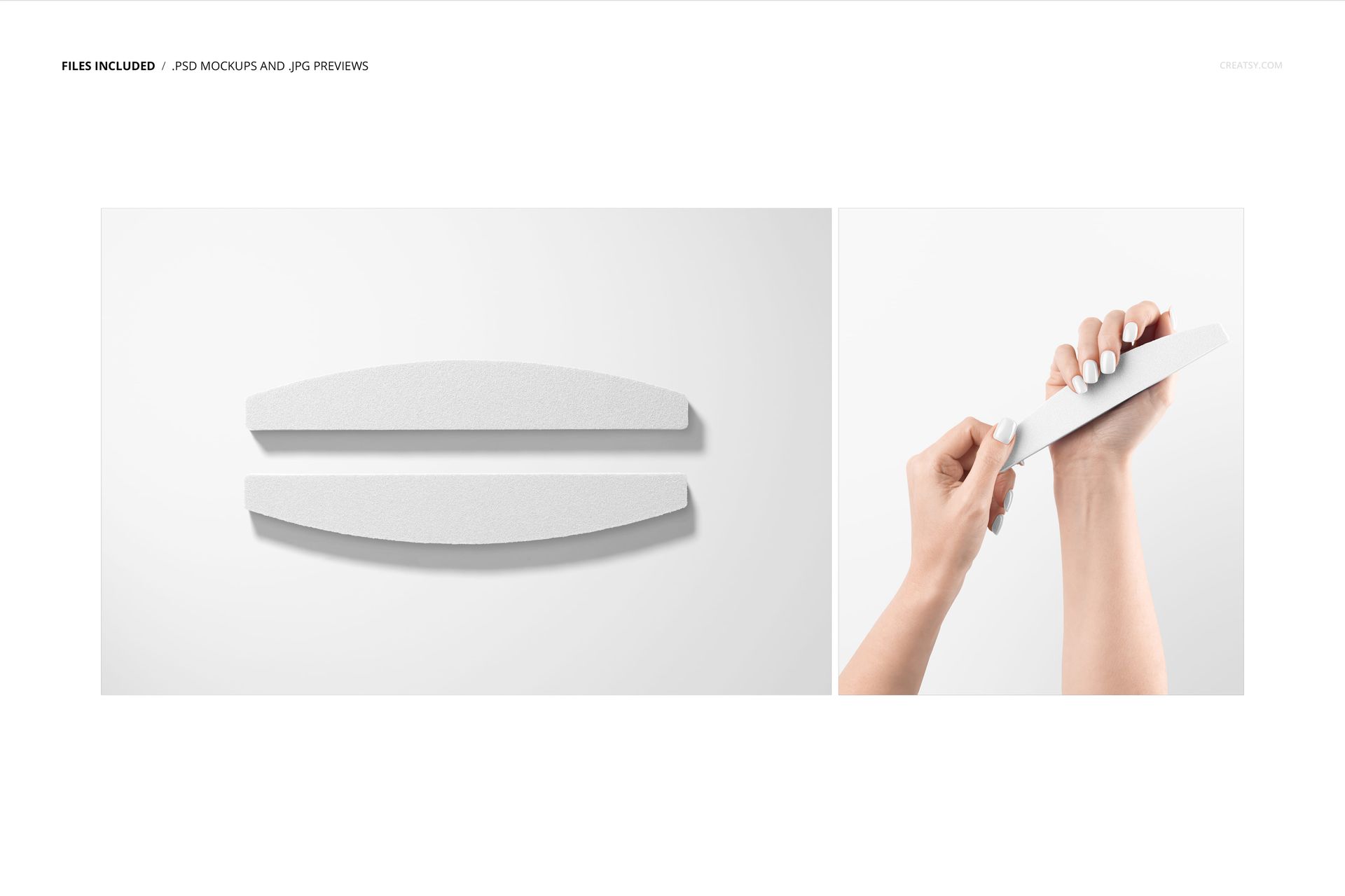 Half moon nail file mockup set featuring two white nail files on a clean background, shown from a top view.