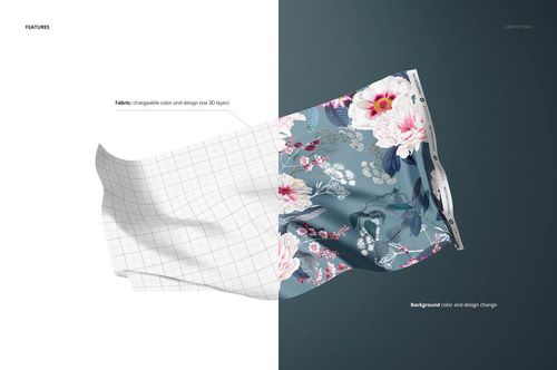 Silk fabric swatch mockup showing half with grid pattern and half with floral design, displayed at an angle.