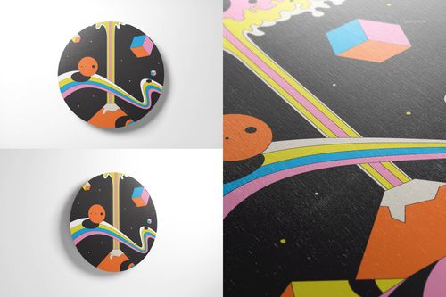 Circular plywood wall art mockup with vibrant graphics, including rainbows and cubes, displayed on a light background.