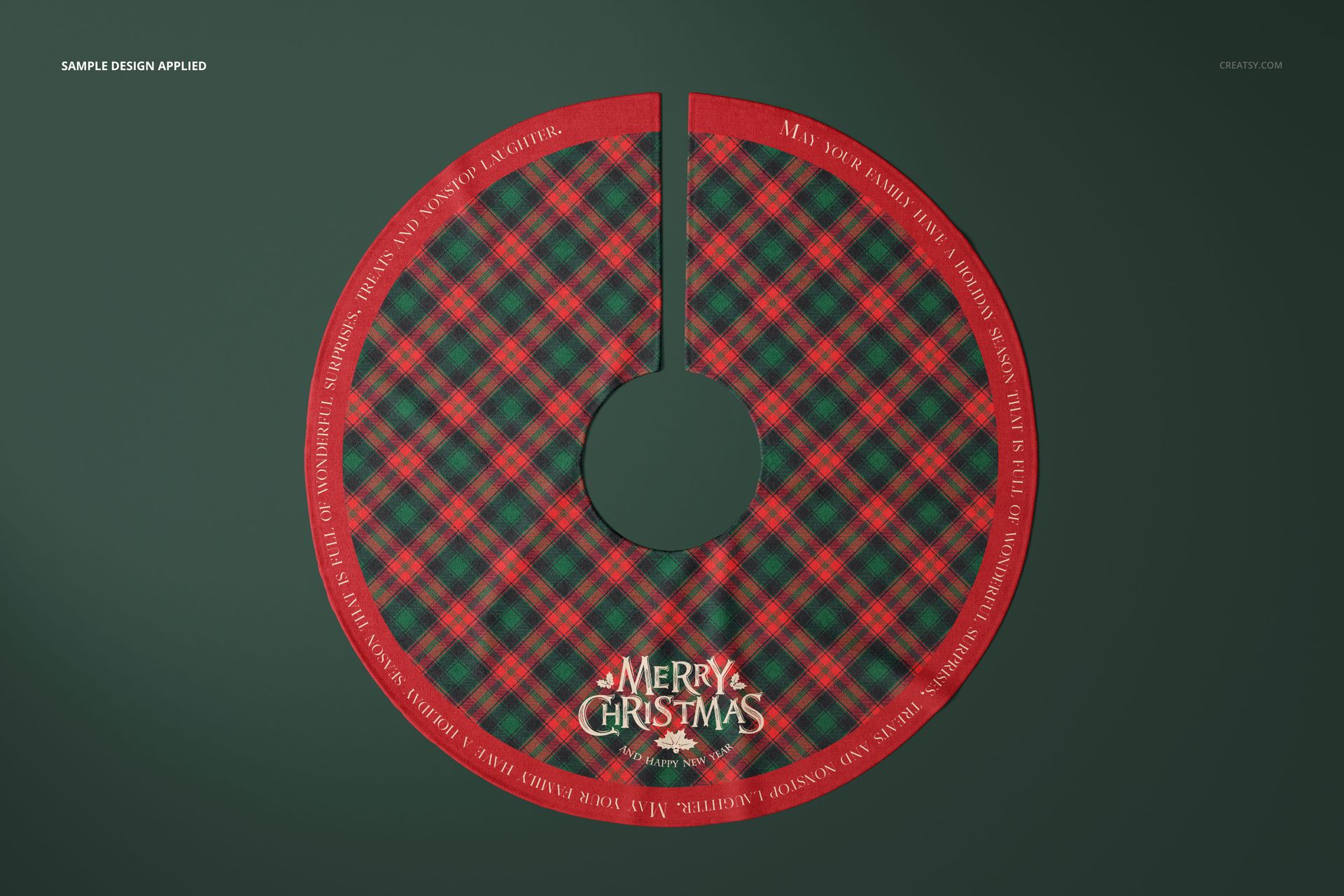 Top view of a circular Christmas tree skirt mockup featuring a festive plaid design and decorative holiday text.