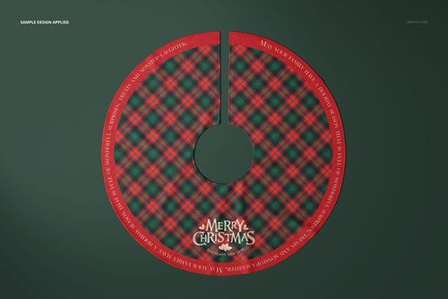 Top view of a circular Christmas tree skirt mockup featuring a festive plaid design and decorative holiday text.