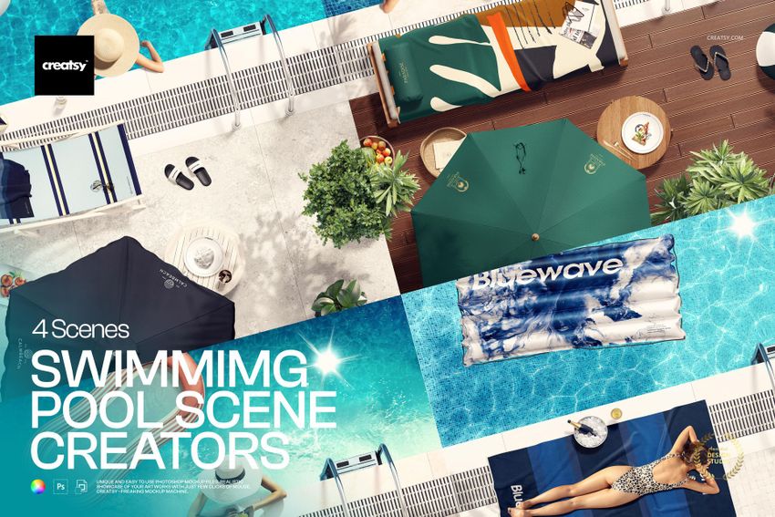 Top view of swimming poolside scene with towels, umbrellas, lounge chairs, and pool accessories in a PSD mockup set.