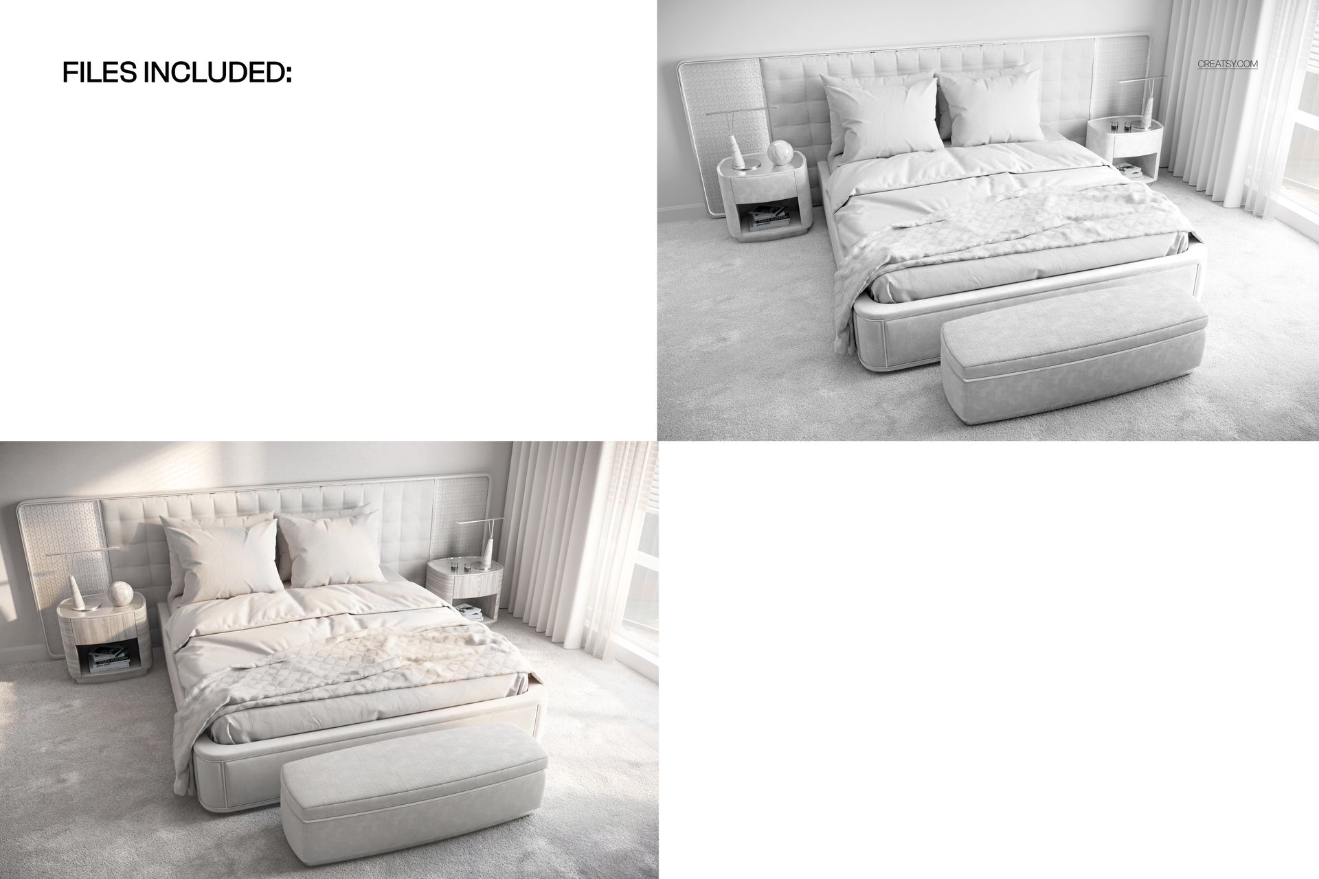 Hotel-style bedroom bedding mockup showing a neatly made bed with white linens, pillows, and a tufted headboard in a bright room.