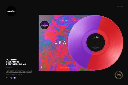 PSD mockup displaying a vinyl record with a half-purple, half-red design positioned over a vibrant abstract album cover.