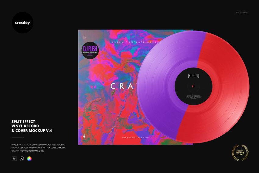 PSD mockup displaying a vinyl record with a half-purple, half-red design positioned over a vibrant abstract album cover.