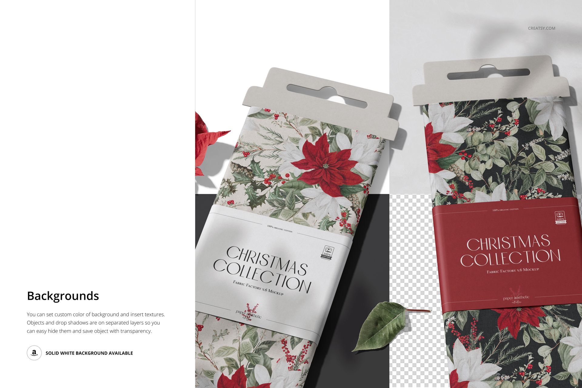 Christmas fabric bolts mockup with festive floral prints, shown in packaging and surrounded by decorative leaves.