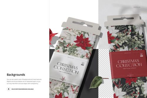 Christmas fabric bolts mockup with festive floral prints, shown in packaging and surrounded by decorative leaves.