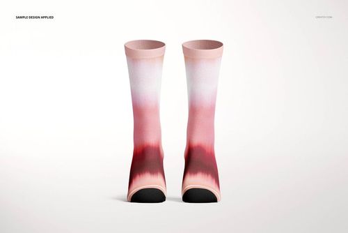 Long socks mockup featuring a pair of socks with a gradient pattern in pink, red, and black, front view on white background.