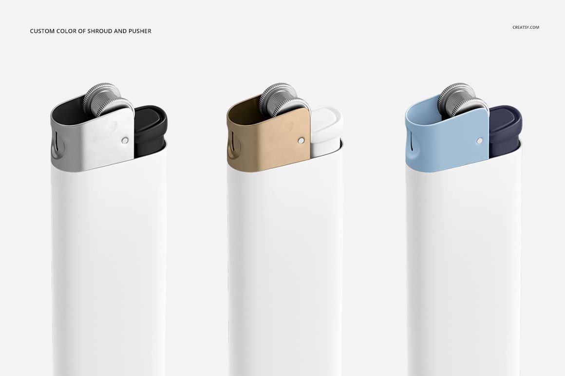 Three lighters with white bases and metallic tops in black, gold, and blue, displayed side by side in a mockup set.