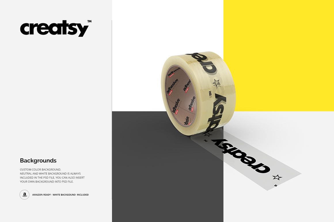 Clear packing tape mockup featuring black lettering, shown on a divided background of white, yellow, and gray.