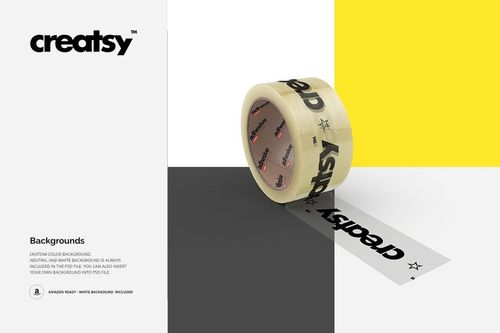 Clear packing tape mockup featuring black lettering, shown on a divided background of white, yellow, and gray.
