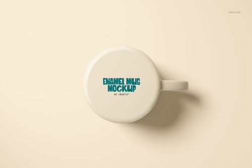 Cream enamel mug mockup shown from above, featuring a silver rim and centered handle, on a neutral background.