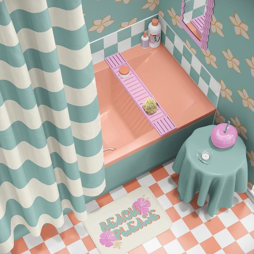 Pop art bathroom mockup featuring a pastel bathtub, wavy shower curtain, and checkerboard tiles in teal and peach tones.