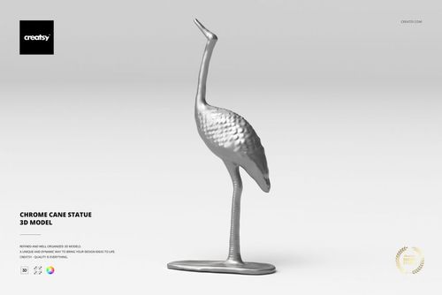 Front view of a chrome cane statue with a sleek metallic finish, standing upright on a flat base against a light background.