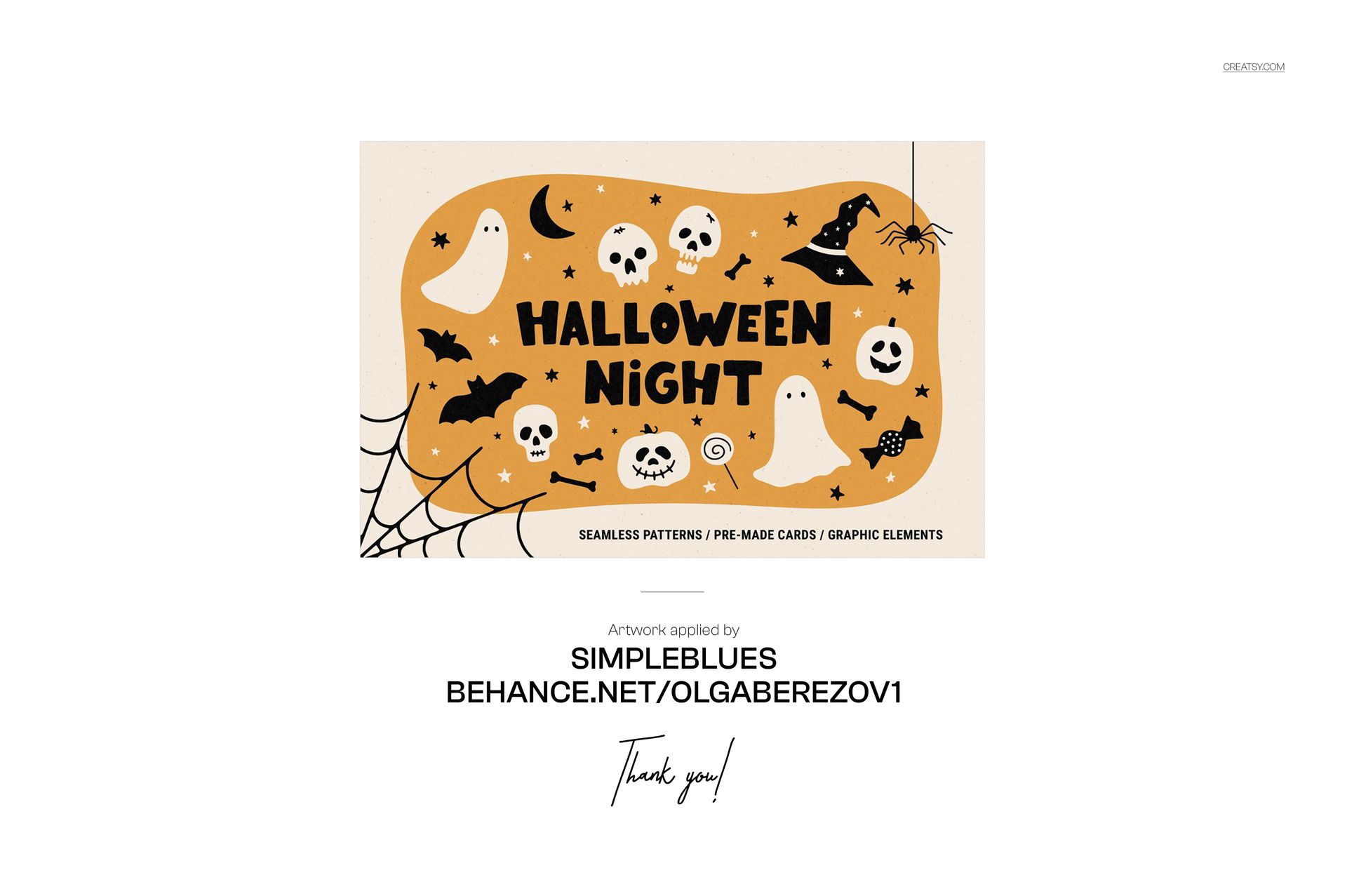 Front view of a Halloween PSD mockup featuring pumpkins, ghosts, bats, spider webs, and stars on an orange background.