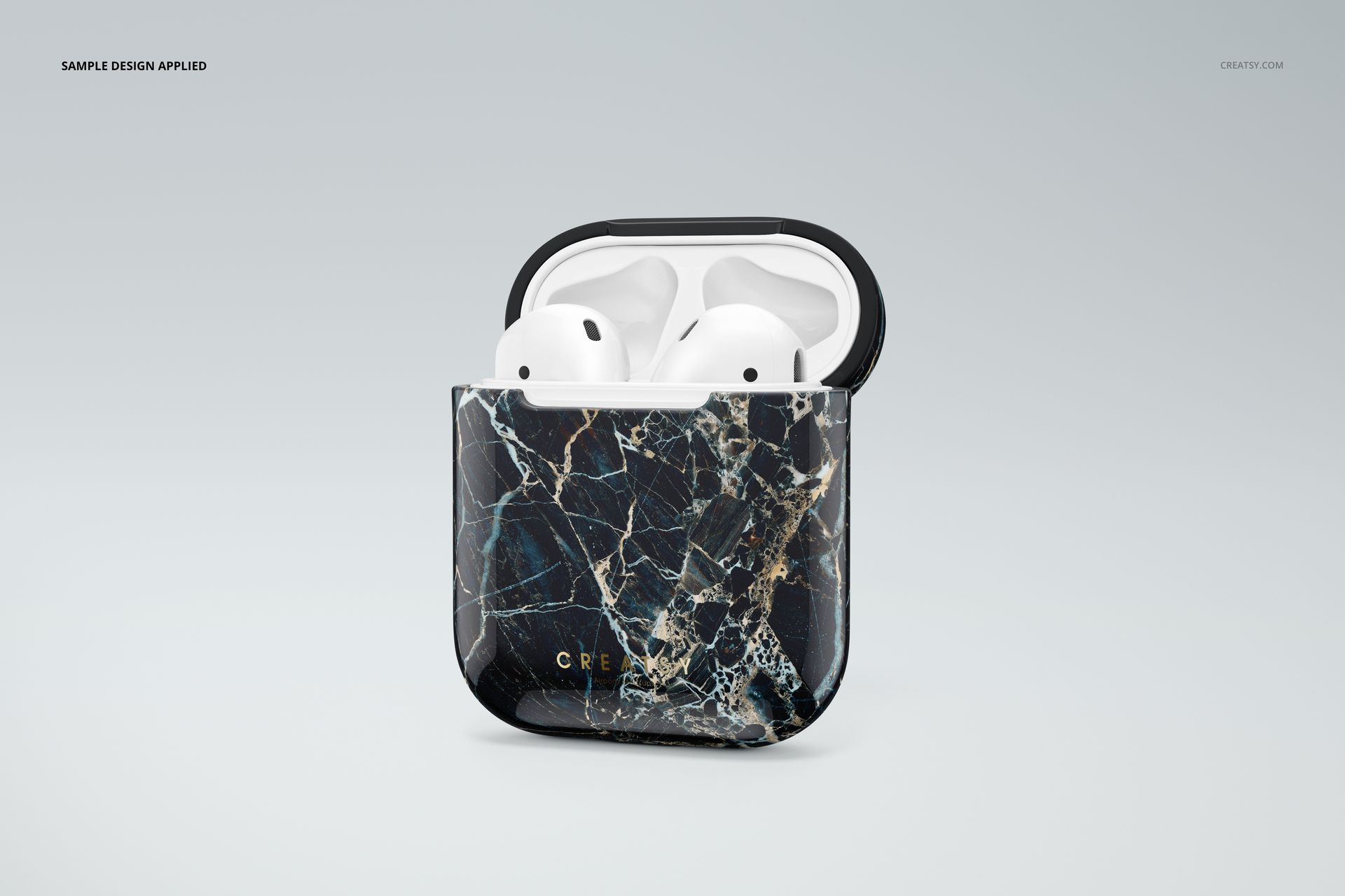 Close-up of a marble-patterned AirPods case mockup with white wireless earbuds inside, set against a simple backdrop.