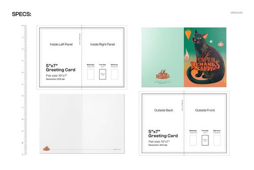 Front and back view of a 5x7 greeting card mockup with a black cat illustration and Halloween-themed colors.