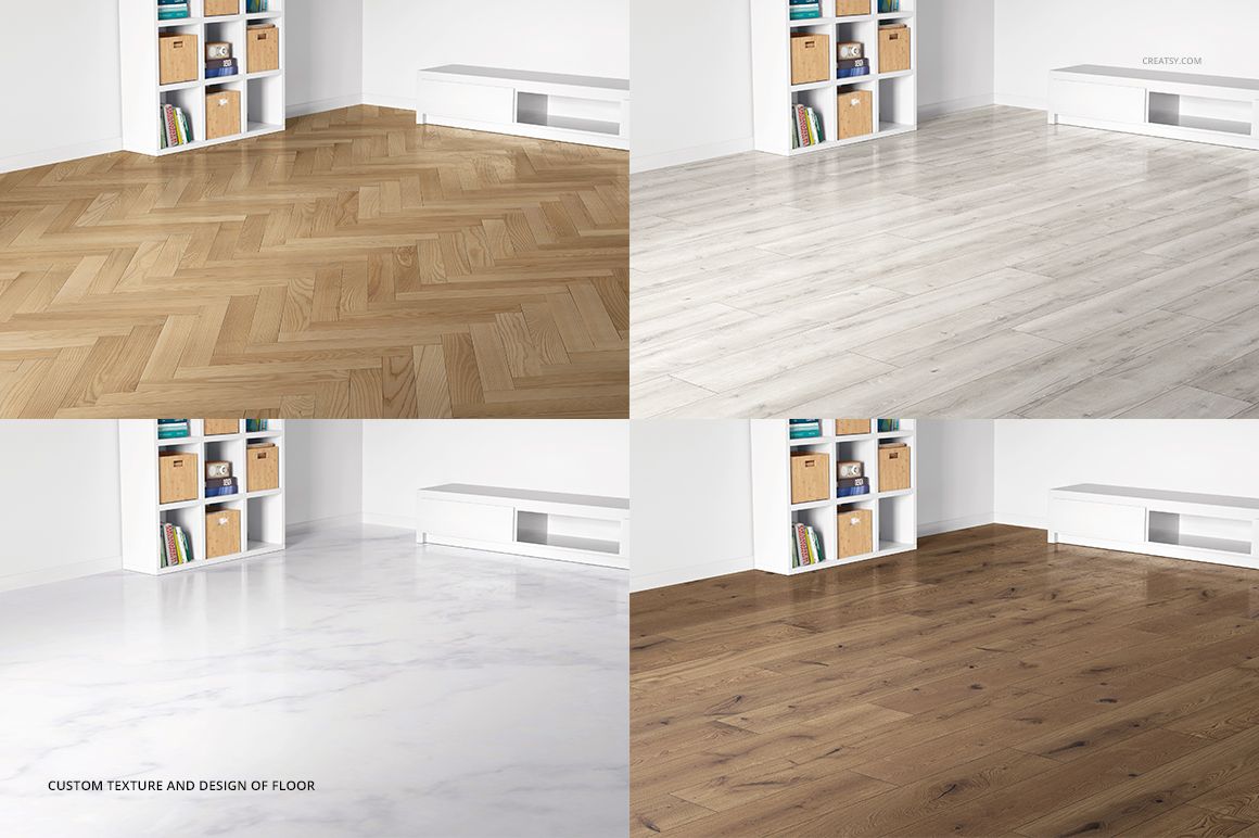 Kids room carpet mockup showing four flooring designs in a modern room with shelves and decorative items.