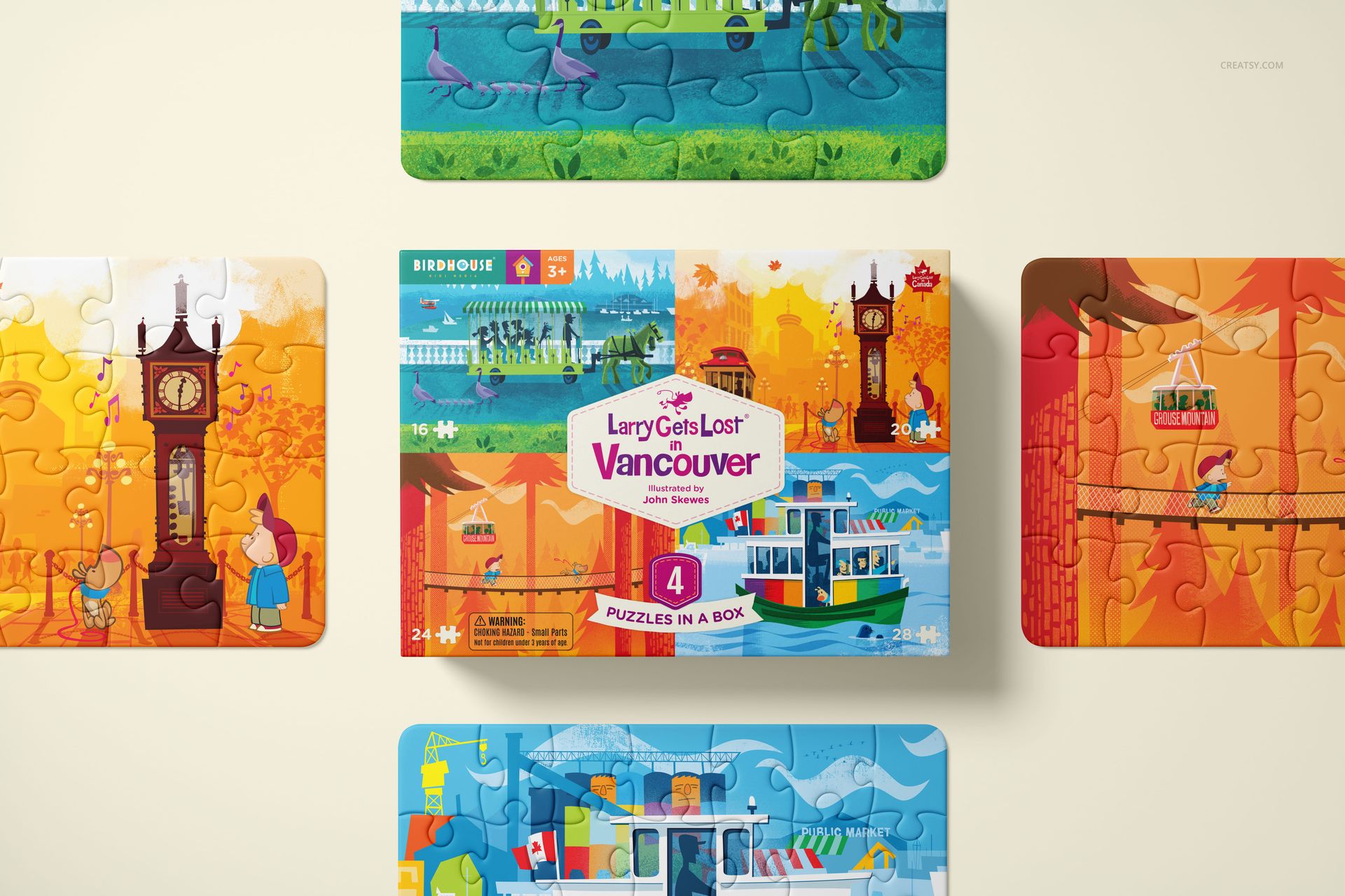 Front view of a puzzle game box mockup set with colorful illustrated puzzle pieces arranged around the box on a light surface.