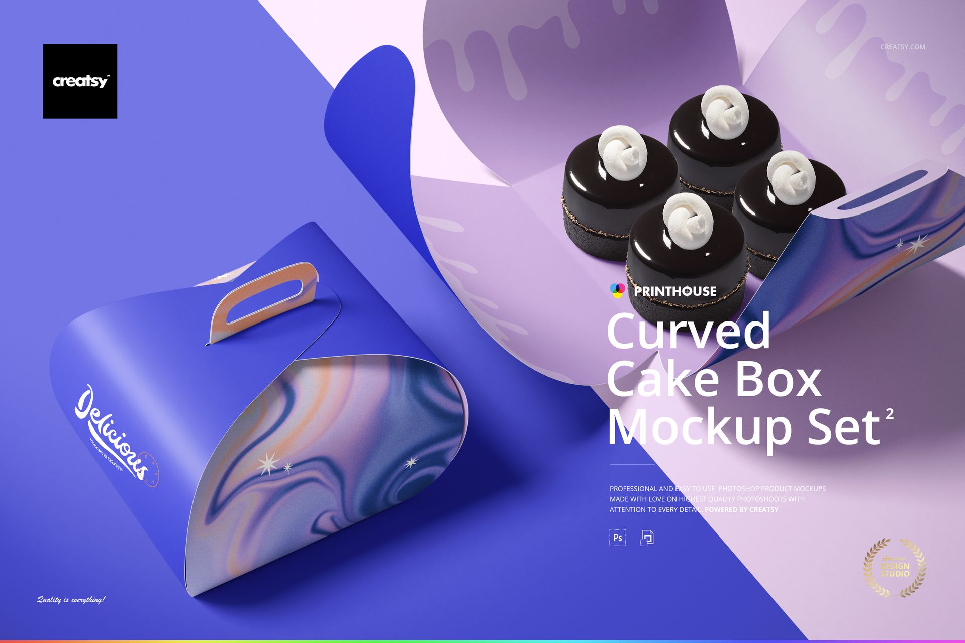 Curved cake box mockup featuring a swirl design in blue and purple, displayed from a front angled perspective.