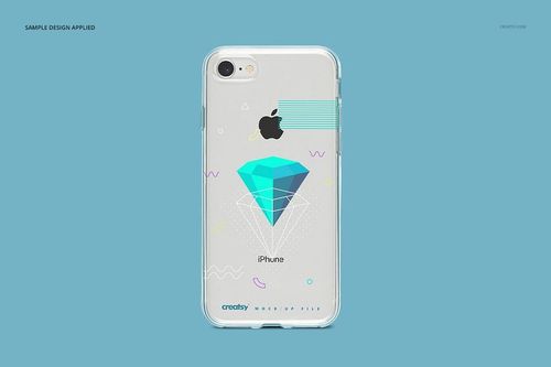 iPhone 8 clear case mockup featuring a colorful abstract diamond pattern, displayed against a blue backdrop.