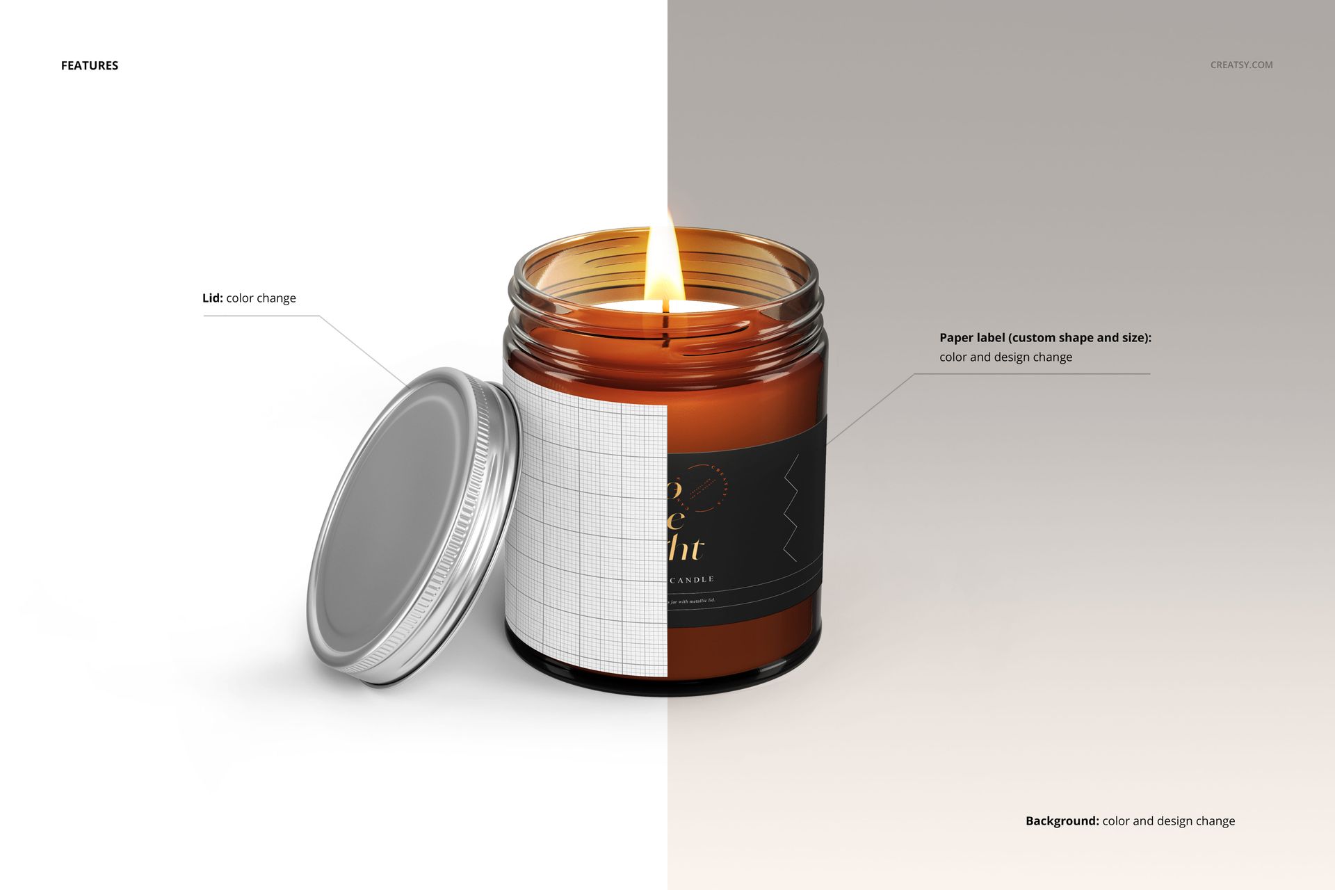 Amber glass jar candle with a silver lid, shown in a front view mockup with editable label and burning flame.