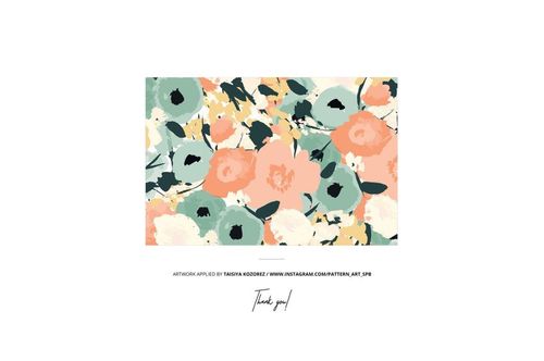 Jersey fabric mockup displaying a colorful floral design with large flowers and leaves in soft pastel shades.