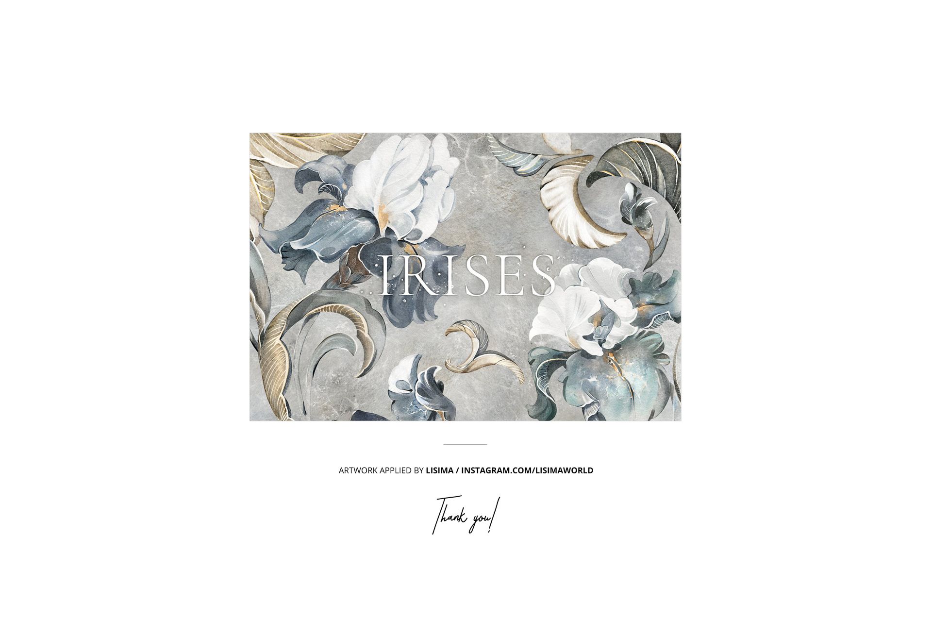 Front view of creased fabric mockup displaying a floral pattern in blue, beige, and gray tones on a white background.