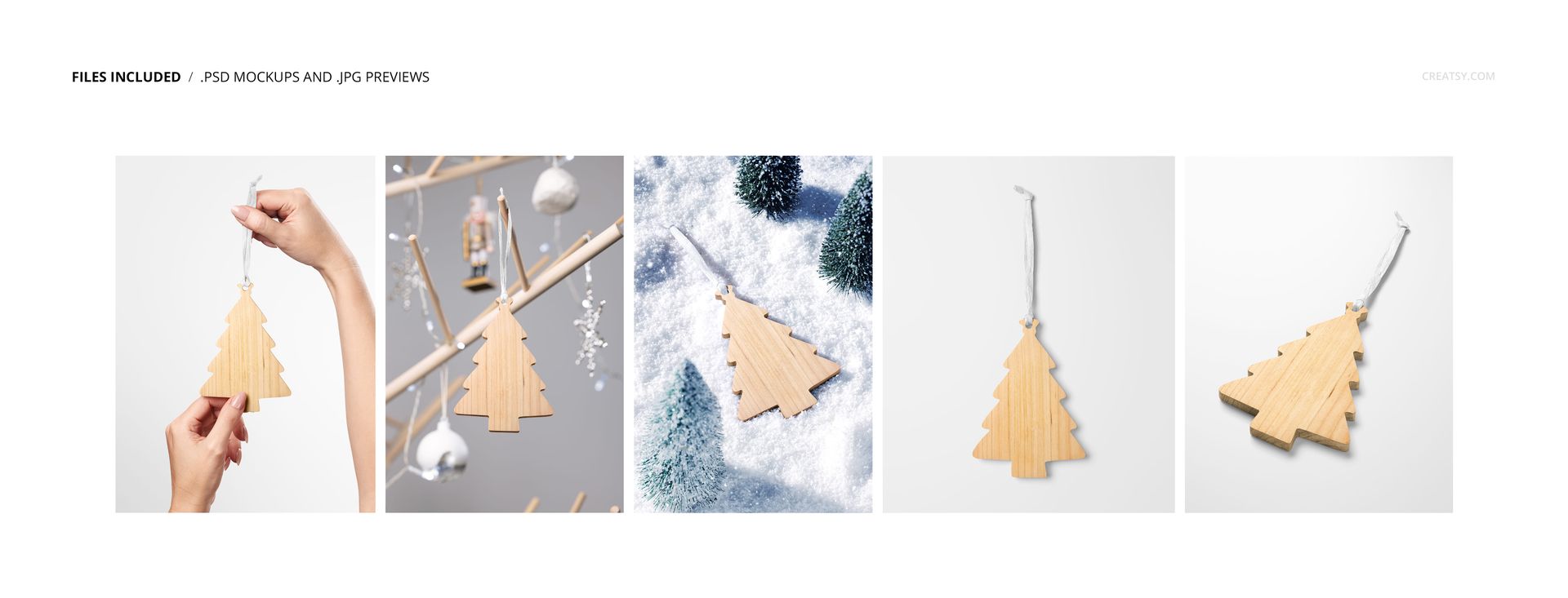 Christmas tree-shaped wooden ornaments presented in multiple mockup perspectives, featuring natural wood grain and string.
