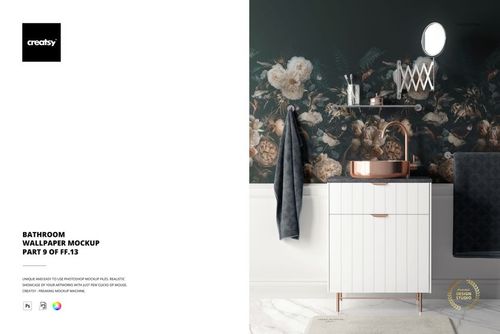 Bathroom mockup featuring dark floral wallpaper, round mirror, white cabinet, and metallic accents in a modern setting.