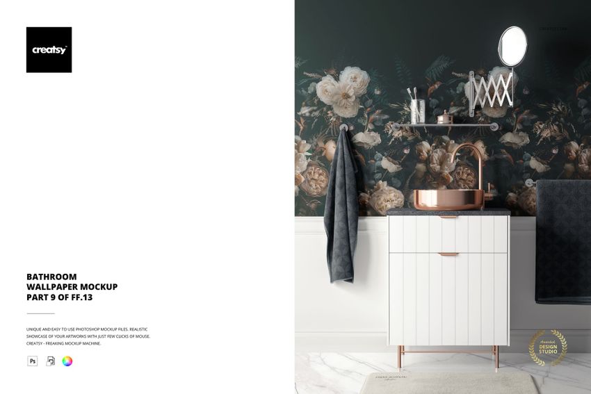 Bathroom mockup featuring dark floral wallpaper, round mirror, white cabinet, and metallic accents in a modern setting.