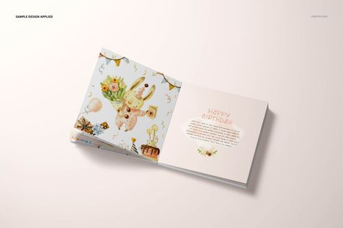 Open board book mockup displayed on a light surface, featuring pastel illustrated birthday-themed pages and soft shadows.
