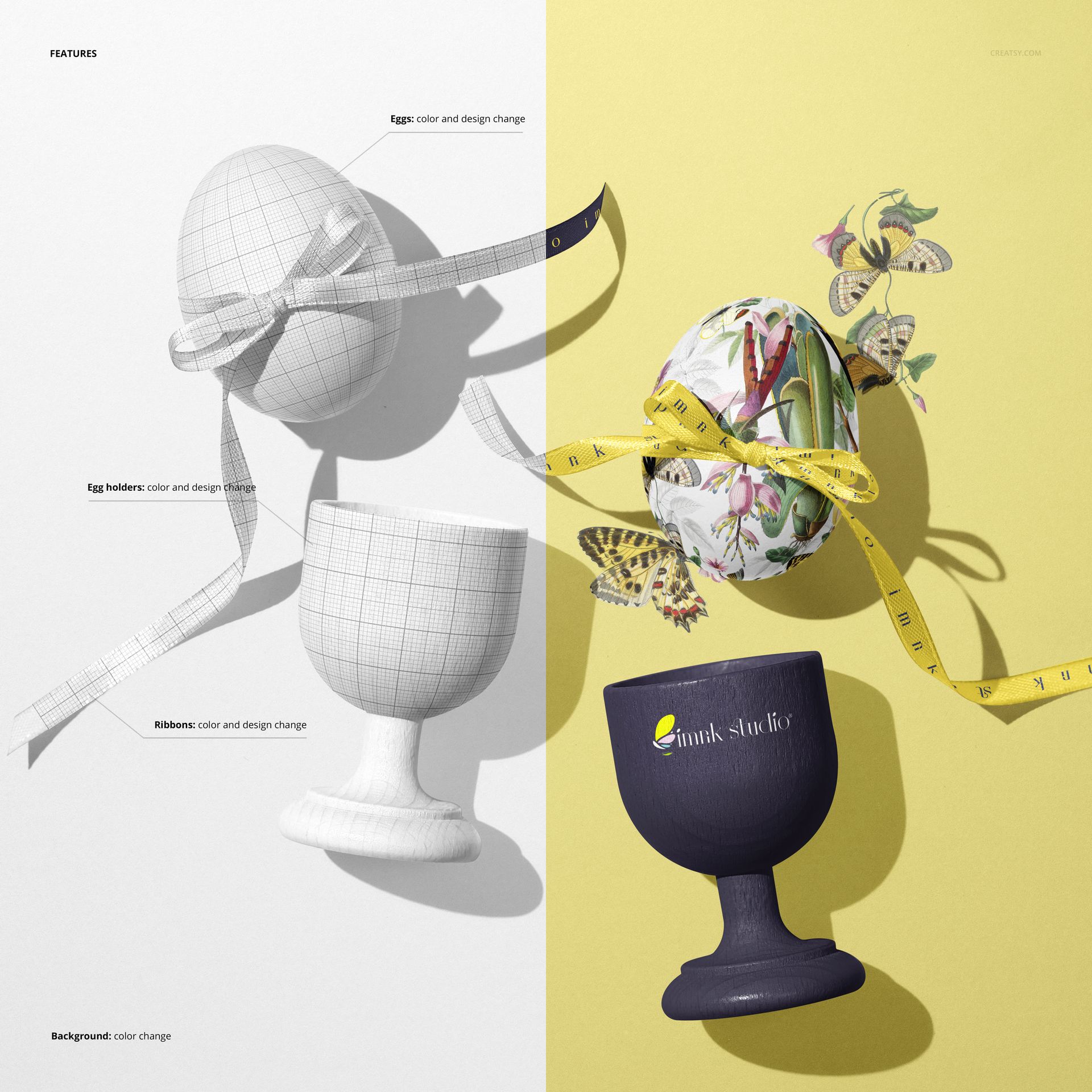 Easter egg PSD mockup showing two decorated eggs in holders, with ribbons and contrasting white and yellow backgrounds.