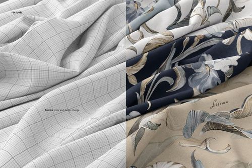 Front view of creased fabric mockup showing two types of textiles, one with a grid pattern and one with botanical designs.