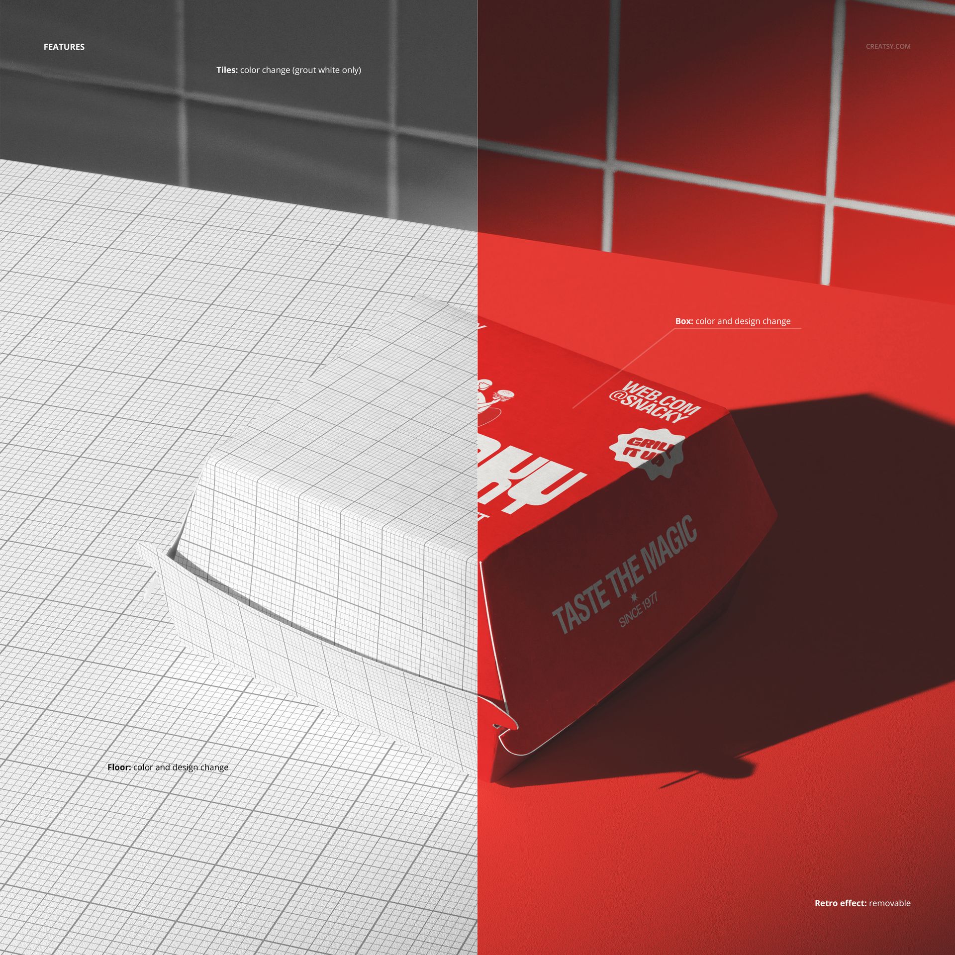 Burger box packaging mockup shown in split view, with one half in wireframe and the other half in red design, front angle.